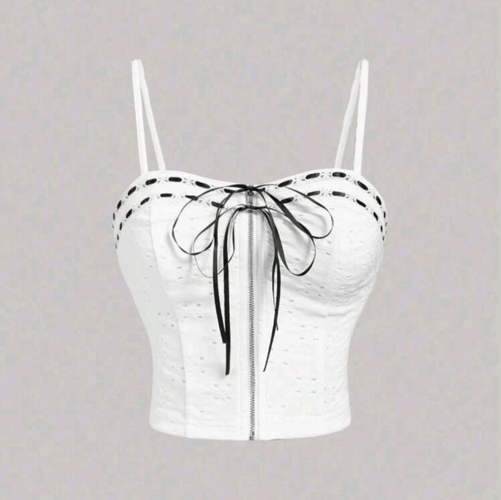 SHEIN Summer White Front Zip Crop Bustier With Contrasting Black Ribbon